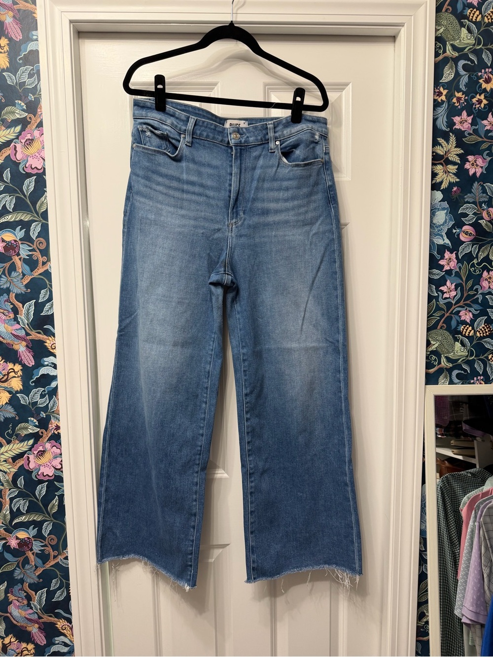 PAIGE Anessa Full Length Light Blue High-Rise Wide Leg Jeans with Raw Hem
